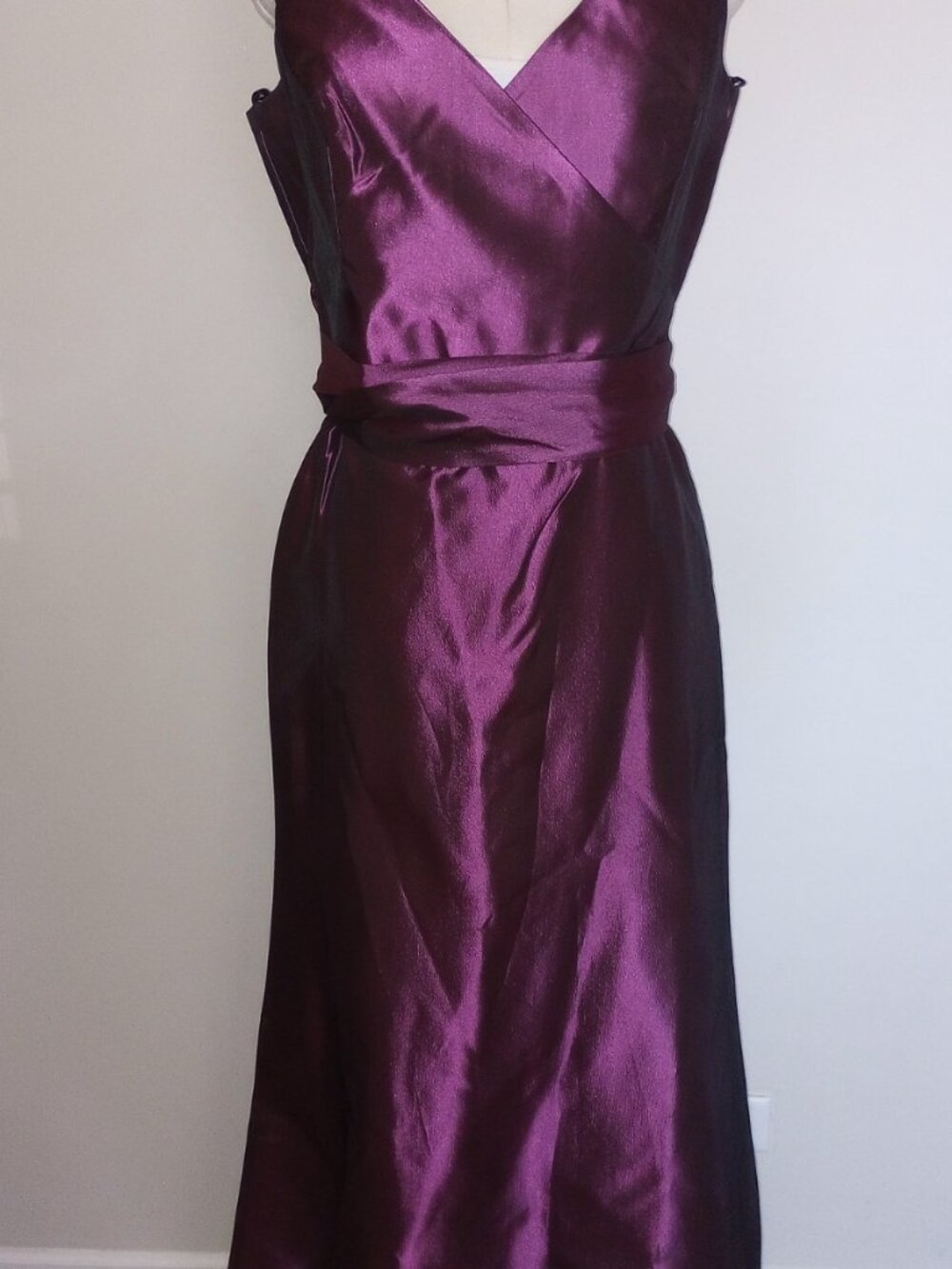 Women's long purple satin evening dress by Lazaro, sleeveless, with size14